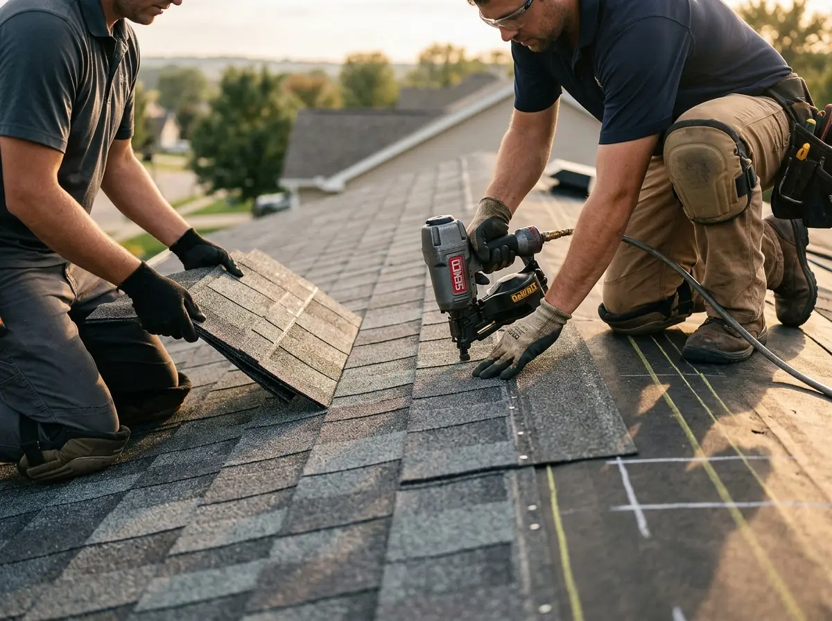 Professional roofer working on a residential roof in Brandon